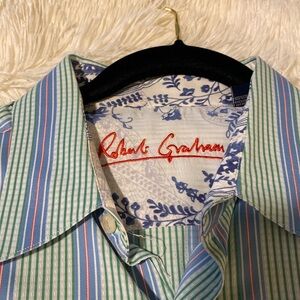 Robert Graham men’s Large blue/pink/green stripe button down w/ blue floral trim